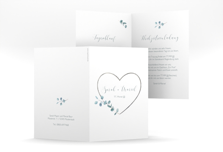 Einladungskarte Hochzeit Greenheart A6 Klappkarte hoch silber mit elegantem Herz und Eukalyptus-Zweig