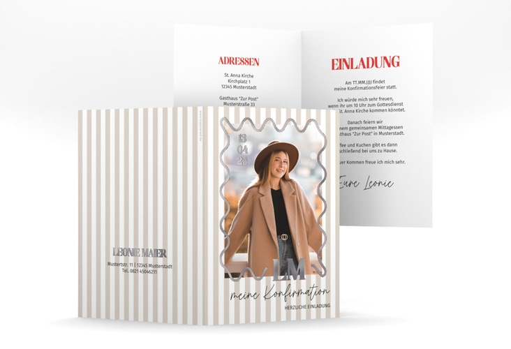 Konfirmationseinladung Modern Wave A6 Klappkarte hoch silber