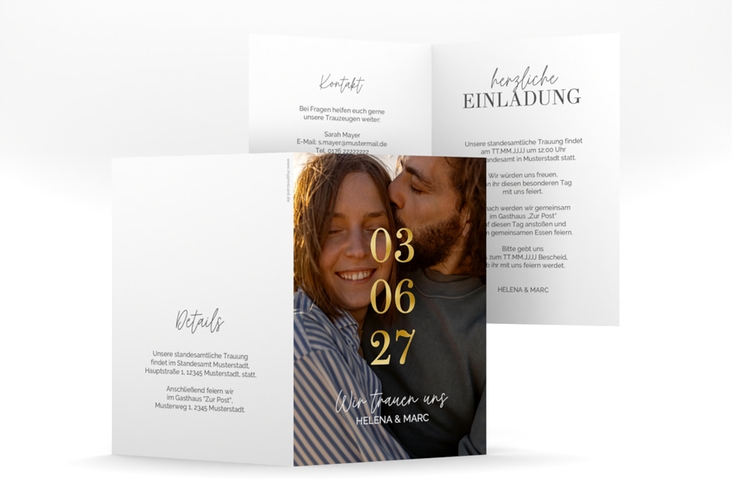 Einladung Hochzeit You and Me A6 Klappkarte hoch gold