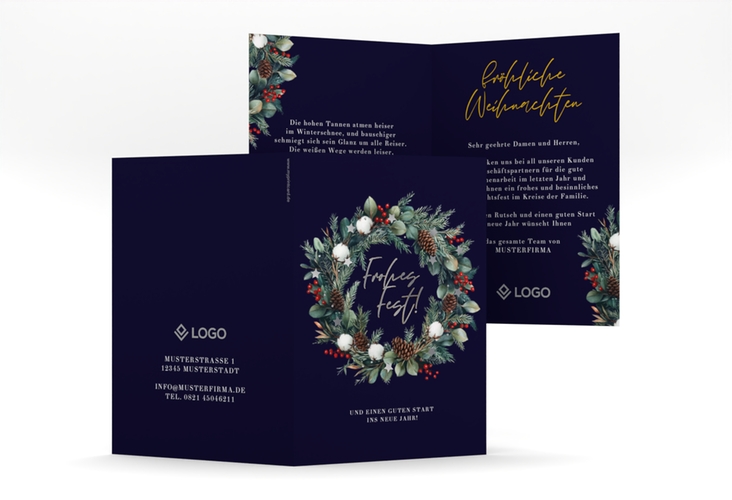 Geschäftliche Weihnachtskarte Festkanz A6 Klappkarte hoch silber mit Tannenbäumen