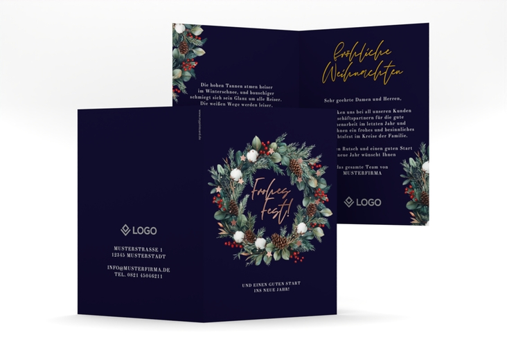 Geschäftliche Weihnachtskarte Festkanz A6 Klappkarte hoch rosegold mit Tannenbäumen