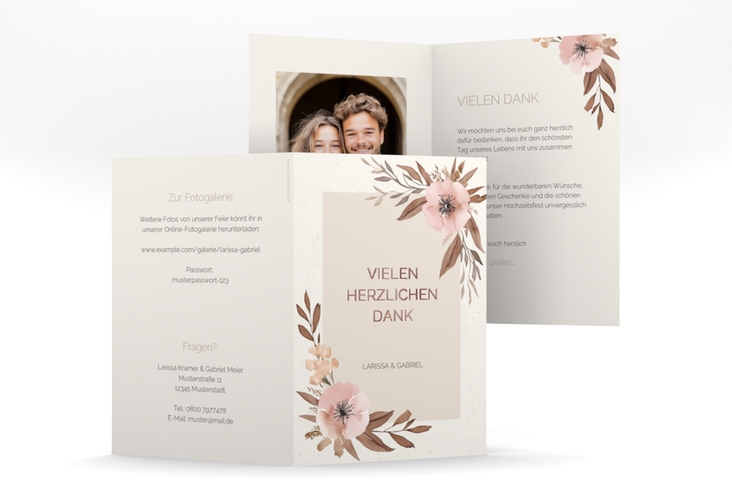 Danksagungskarte Hochzeit Modest A6 Klappkarte hoch rosegold mit elegantem Blumen-Aquarell