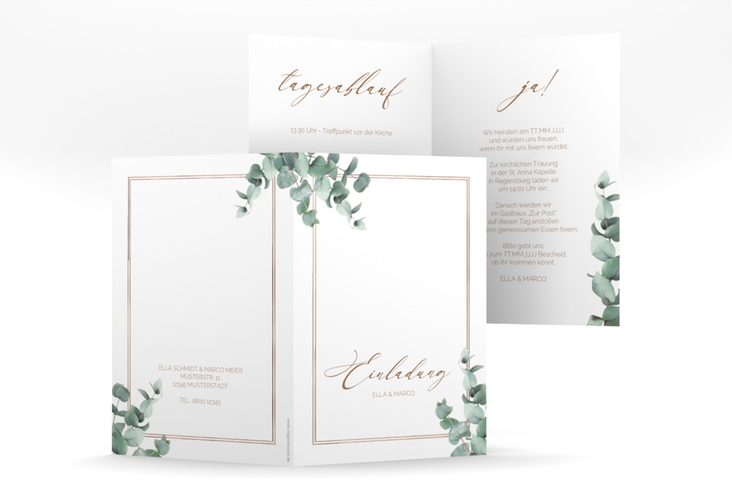 Einladungskarte Hochzeit Eucalypt A6 Klappkarte hoch rosegold mit Eukalyptus und edlem Rahmen