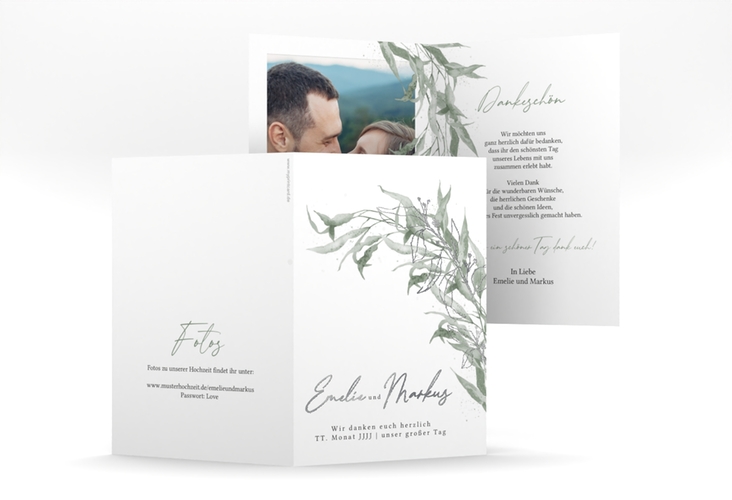 Danksagungskarte Hochzeit Eucalyptus Green A6 Klappkarte hoch silber mit Gräsern und Trockenblumen für Boho-Hochzeit