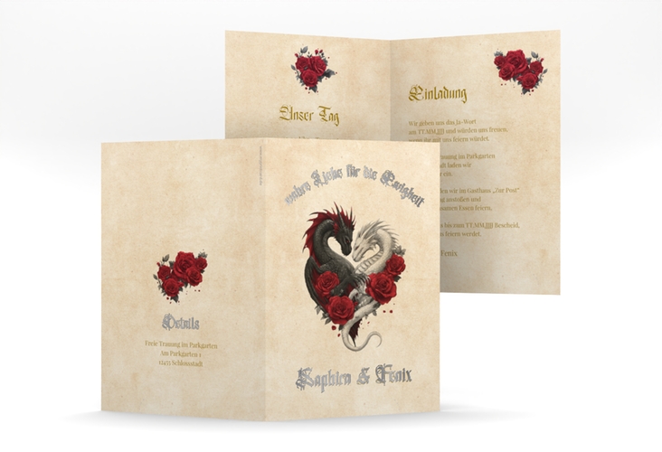 Einladungskarte Hochzeit Drachenliebe A6 Klappkarte hoch silber mit schwarzem und weißem Drachen zu einem Herz verschlungen