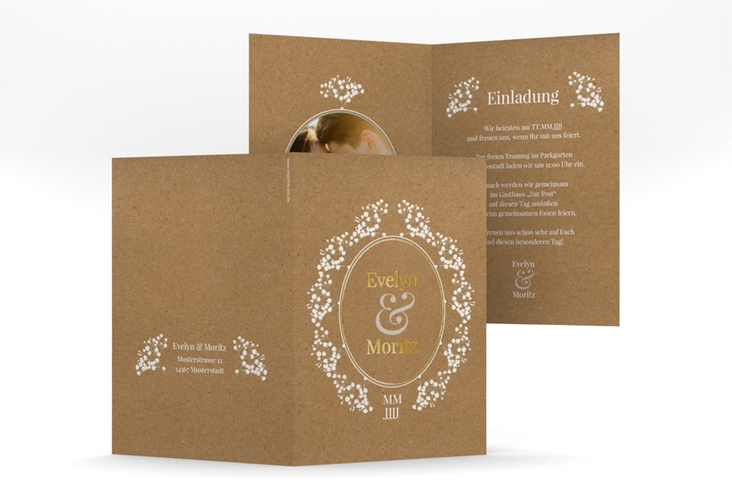 Einladungskarte Hochzeit Gypsophila A6 Klappkarte hoch gold im Vintage-Stil mit Blumenkranz aus Schleierkraut