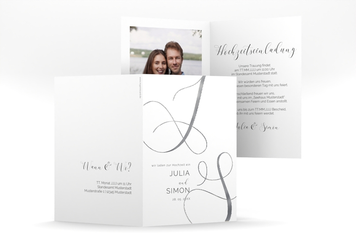 Hochzeitseinladung Eheschließung A6 Klappkarte hoch silber mit Gräsern und Trockenblumen für Boho-Hochzeit