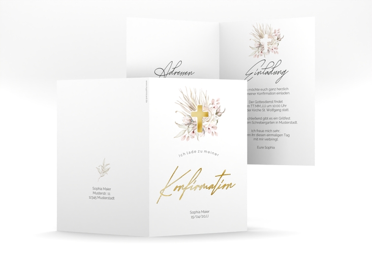 Konfirmationseinladung Boho Cross A6 Klappkarte hoch gold