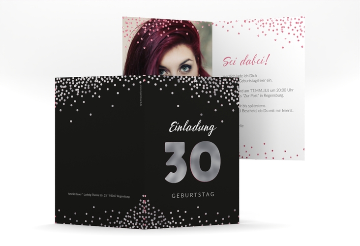 Einladung 30. Geburtstag Glitzer A6 Klappkarte hoch silber