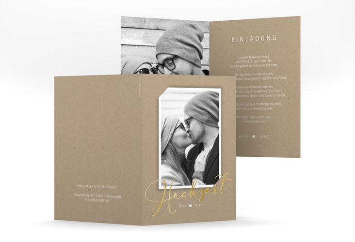 Einladungskarte Hochzeit Crafty A6 Klappkarte hoch gold mit Foto des Brautpaars