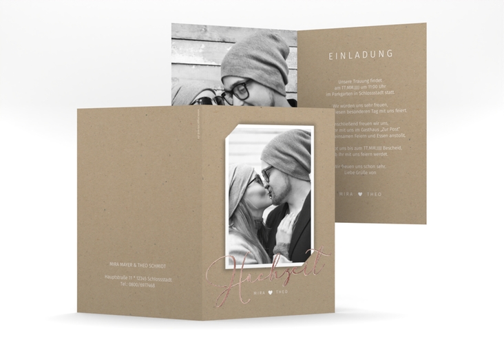 Einladungskarte Hochzeit Crafty A6 Klappkarte hoch rosegold mit Foto des Brautpaars