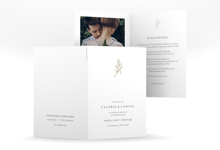 Einladungskarte Hochzeit Ivy A6 Klappkarte hoch gold minimalistisch mit kleiner botanischer Illustration