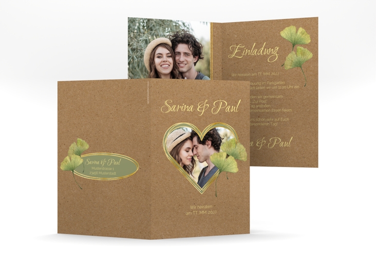 Einladungskarte Hochzeit Ginko A6 Klappkarte hoch gold mit Herz und zwei Ginkgo-Blättern