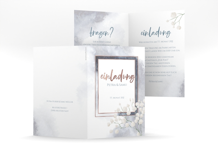 Einladungskarte Hochzeit Winter A6 Klappkarte hoch rosegold mit Schleierkraut