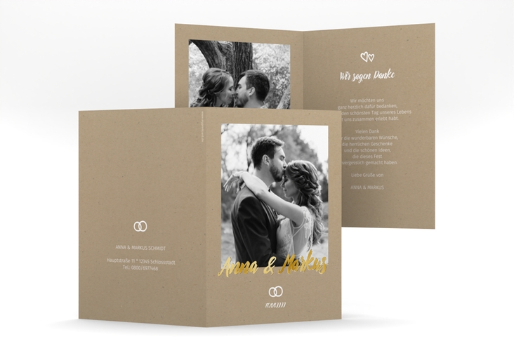 Dankeskarte Hochzeit Icons A6 Klappkarte hoch gold im Kraftpapier-Look mit Foto