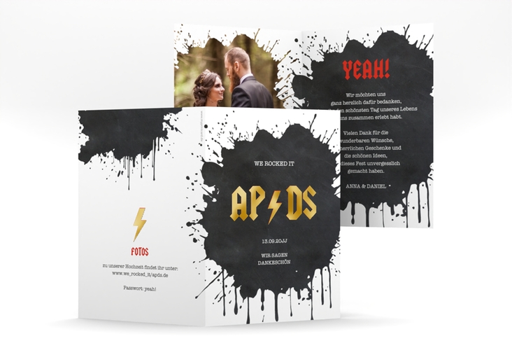 Danksagungskarte Hochzeit Hardrock A6 Klappkarte hoch gold für Rockband-Fans