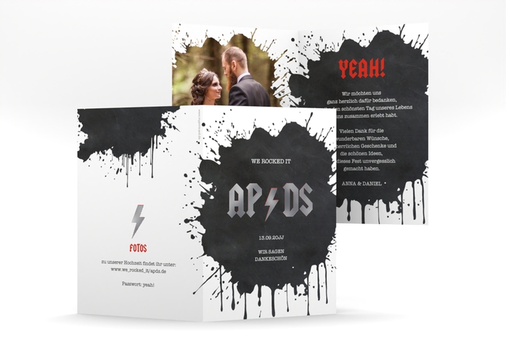 Danksagungskarte Hochzeit Hardrock A6 Klappkarte hoch silber für Rockband-Fans