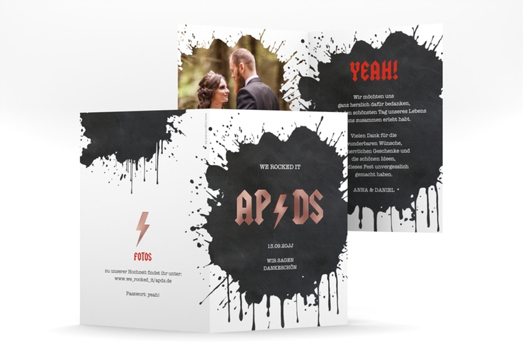 Danksagungskarte Hochzeit Hardrock A6 Klappkarte hoch rosegold für Rockband-Fans