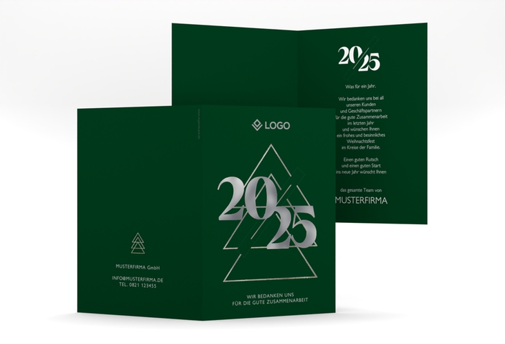 Geschäftliche Weihnachtskarte Geschäftsjahr A6 Klappkarte hoch silber mit Tanne und Stechpalme im Schiefertafel-Look