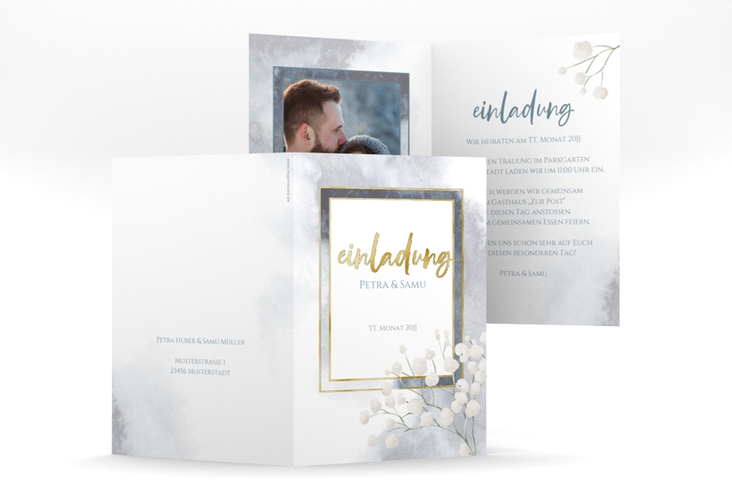 Einladungskarte Hochzeit Winter A6 Klappkarte hoch gold mit Schleierkraut