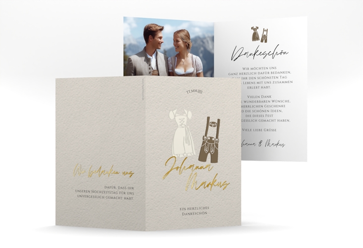 Danksagungskarte Hochzeit Trachenhochzeit A6 Klappkarte hoch gold mit Dirndl und Lederhose