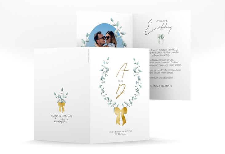 Einladungskarte Hochzeit Eucalypt Bow A6 Klappkarte hoch gold