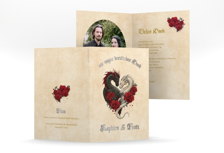 Danksagungskarte Drachenliebe A6 Klappkarte hoch silber mit schwarzem und weißem Drachen zu einem Herz verschlungen