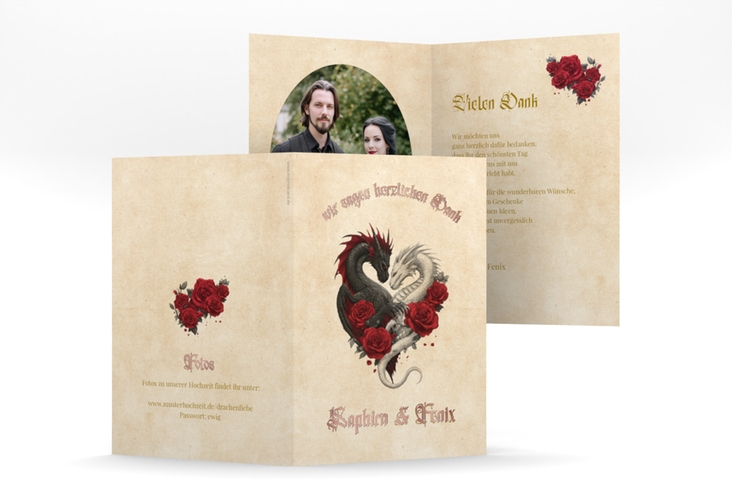 Danksagungskarte Drachenliebe A6 Klappkarte hoch rosegold mit schwarzem und weißem Drachen zu einem Herz verschlungen