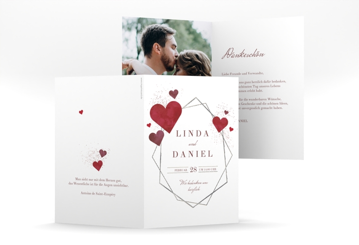 Danksagungskarte Hochzeit Herzlich A6 Klappkarte hoch silber mit Goldrahmen und roten Herzen