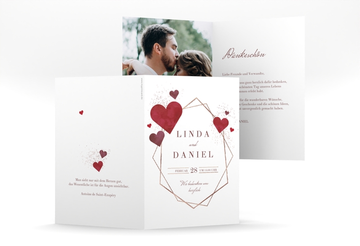 Danksagungskarte Hochzeit Herzlich A6 Klappkarte hoch rosegold mit Goldrahmen und roten Herzen