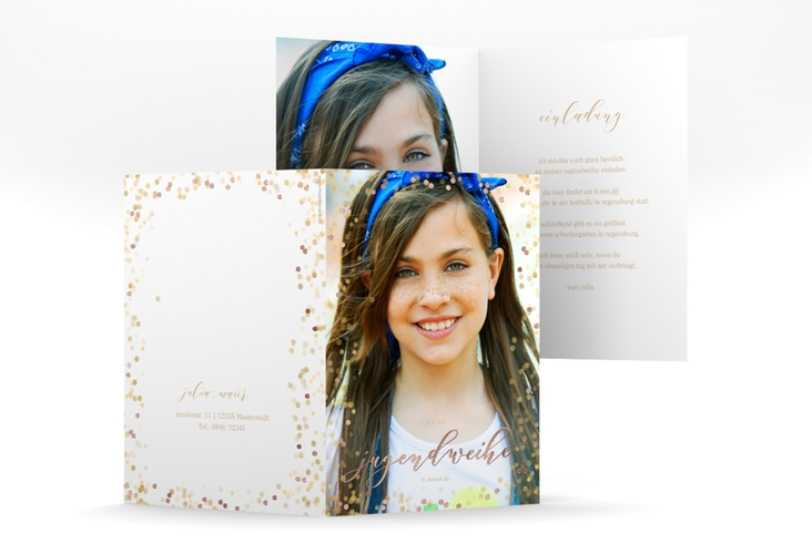 Einladung Jugendweihe Brighten A6 Klappkarte hoch rosegold mit Foto und goldenem Konfetti