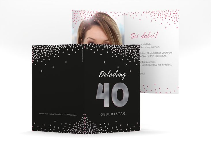 Einladung 40. Geburtstag Glitzer A6 Klappkarte hoch silber