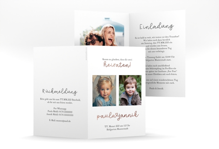 Einladungskarte Hochzeit Kindheitsfotos A6 Klappkarte hoch rosegold