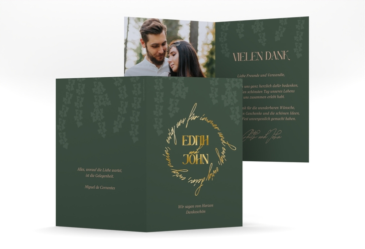 Danksagungskarte Hochzeit Efeugrün A6 Klappkarte hoch gold im Fantasy-Elfen-Design mit Efeu