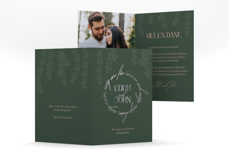 Danksagungskarte Hochzeit Efeugrün A6 Klappkarte hoch silber im Fantasy-Elfen-Design mit Efeu