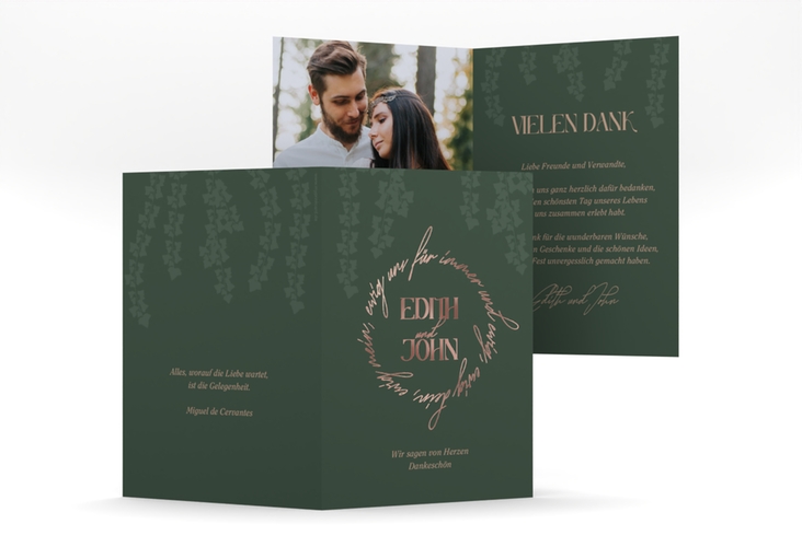 Danksagungskarte Hochzeit Efeugrün A6 Klappkarte hoch rosegold im Fantasy-Elfen-Design mit Efeu