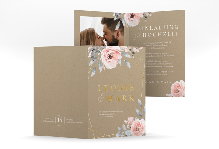 Einladungskarte Hochzeit Perfection A6 Klappkarte hoch gold mit rosa Rosen