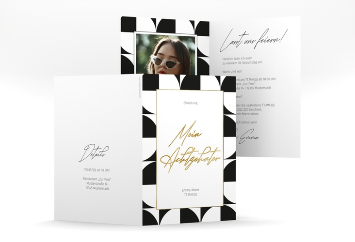 Einladung Geburtstag Schwarzweiss A6 Klappkarte hoch gold