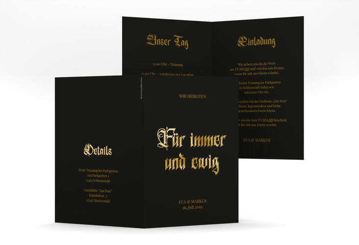 Einladungskarte Hochzeit Gothic A6 Klappkarte hoch gold