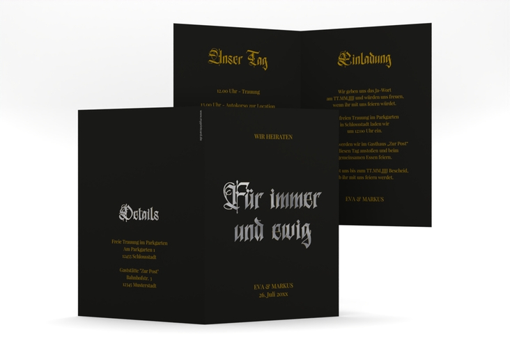 Einladungskarte Hochzeit Gothic A6 Klappkarte hoch silber