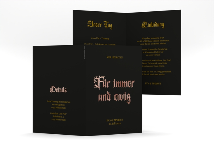Einladungskarte Hochzeit Gothic A6 Klappkarte hoch rosegold