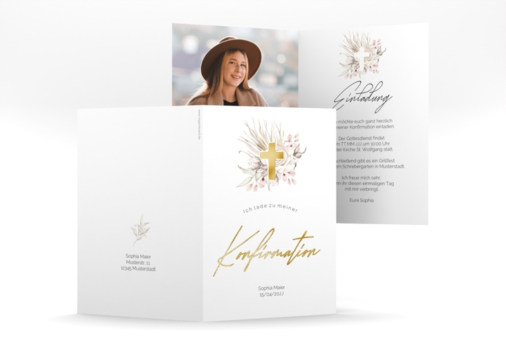 Konfirmationseinladung Boho Cross A6 Klappkarte hoch gold