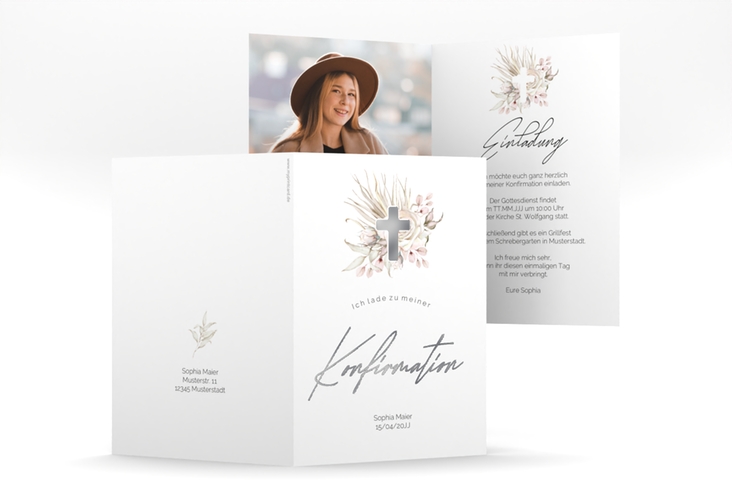 Konfirmationseinladung Boho Cross A6 Klappkarte hoch silber