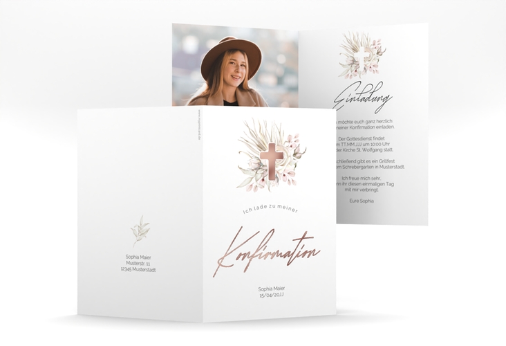 Konfirmationseinladung Boho Cross A6 Klappkarte hoch rosegold