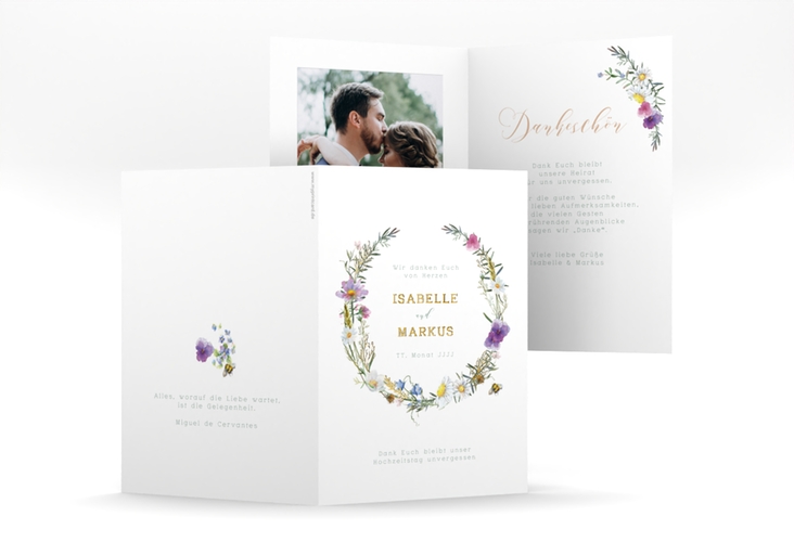 Dankeskarte Hochzeit Blumengarten A6 Klappkarte hoch gold mit Blumenkranz und Hummel