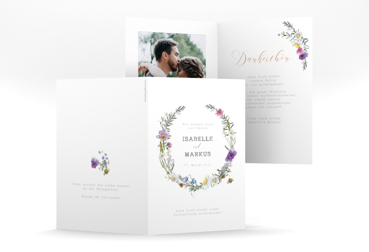 Dankeskarte Hochzeit Blumengarten A6 Klappkarte hoch silber mit Blumenkranz und Hummel