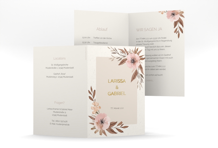 Einladungskarte Hochzeit Modest A6 Klappkarte hoch gold mit elegantem Blumen-Aquarell