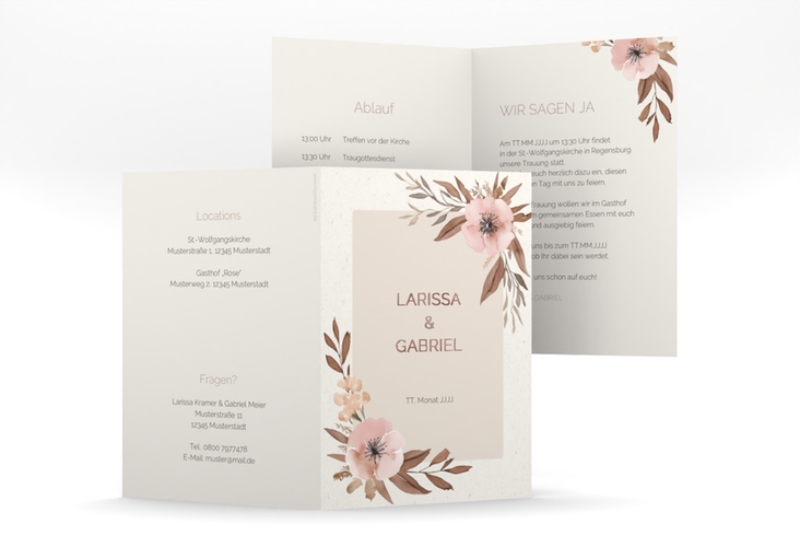 Einladungskarte Hochzeit Modest A6 Klappkarte hoch rosegold mit elegantem Blumen-Aquarell