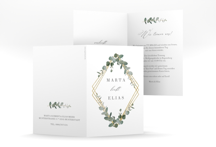 Einladungskarte Hochzeit Eukalyptus A6 Klappkarte hoch gold