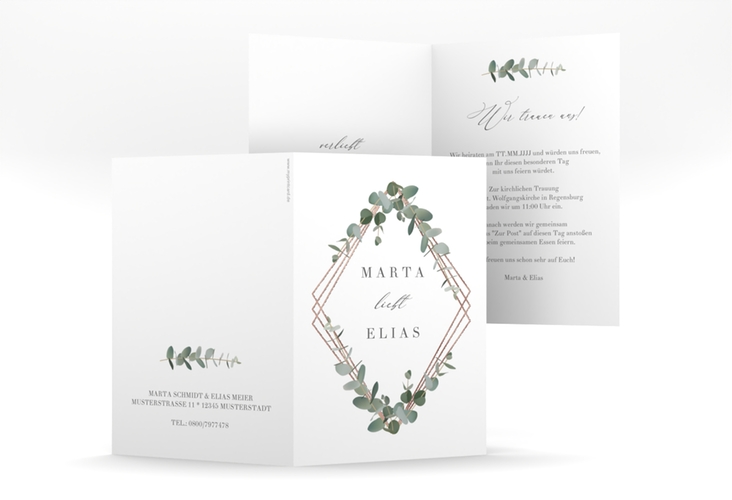 Einladungskarte Hochzeit Eukalyptus A6 Klappkarte hoch rosegold